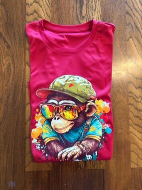 Men's Bright Pink Short-Sleeve Graphic Tee with Colorful Monkey Print- Polyester
